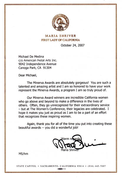 Letter from First Lady of California Maria Shriver